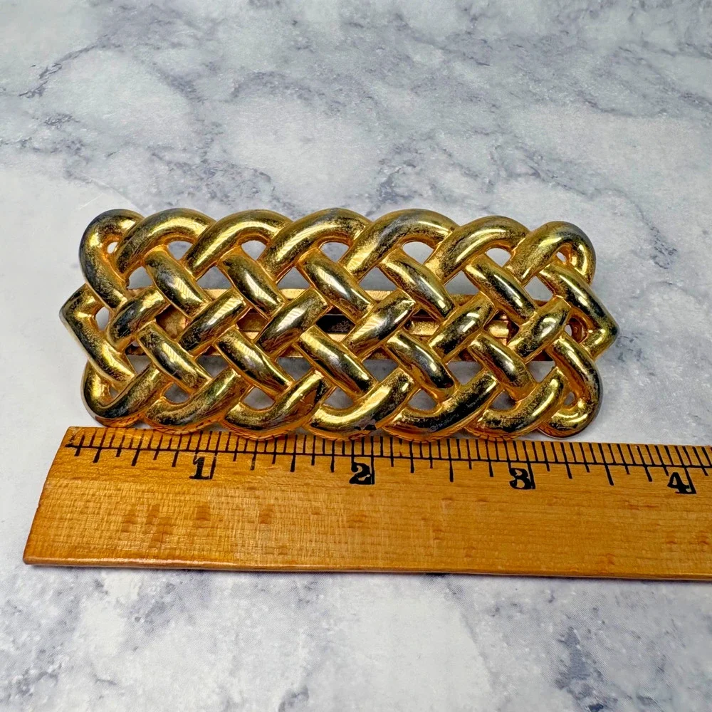 Vintage Quality Made Gold Tone Knot Hair Barrette Made In France Large Signed